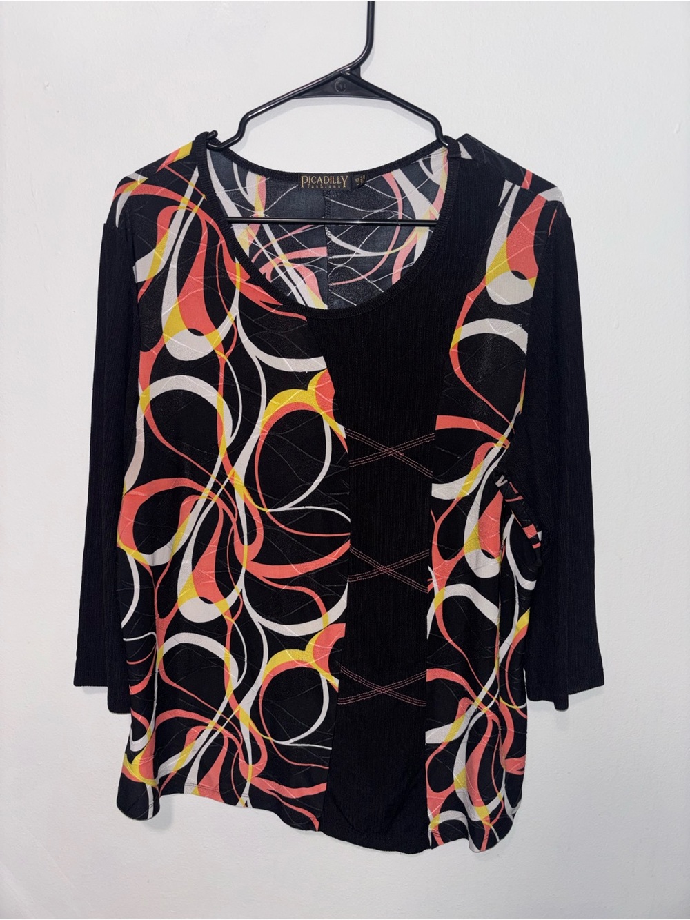 Picadilly Fashion Black Scoop Neck Top with Multicolor Swirl Print